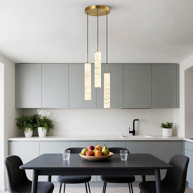 LMQNINE Natural Alabaster Pendant Lights for Kitchen Island White Marble Long Tube Chandelier Modern Gold Ceiling Light Fixtures for Bedroom Dining Room Table Living Room Hallway(M-3Light)