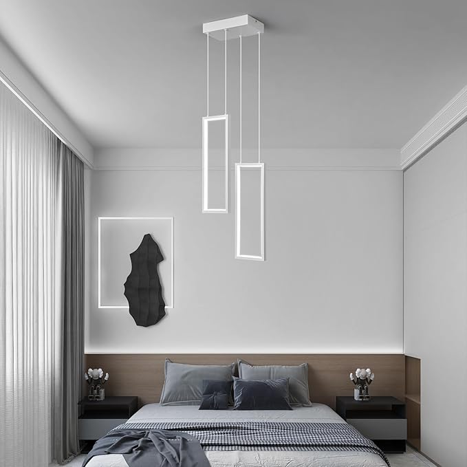 Modern Kitchen Pendant Light Fixture White 18W LED Pendant Light 2 Rings Rectangle Chandelier Pendant Lighting for Kitchen Island Living Room Dining Room Bedroom