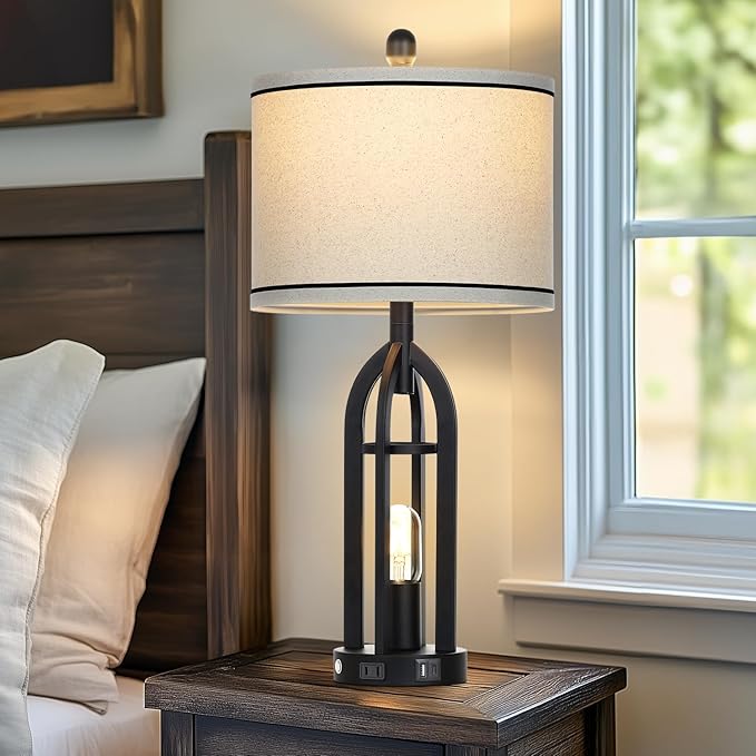 27" Farmhouse Table Lamps Set of 2 with USB A+C Charging Ports,3-Way Dimmable Touch Control Bedside Lamps with Nightlight,Vintage Modern Lamp for Living Room Bedroom with 2 Light Sources