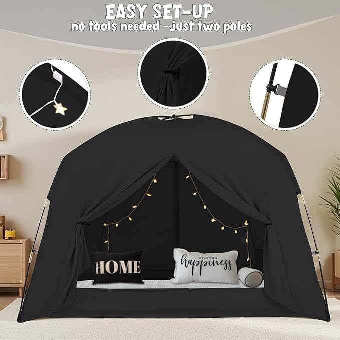 Bed Tents for Kids and Adult, Portable 100% Breathable and 93% Blackout Toddler Dream Play Tent, 3 Doors Big Privacy Space Sleeping Canopy for Floor or Twin Full Queen Sizes Bed (Black, Queen-Size)