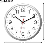Sharp Wall Clock – Silver, Silent Non Ticking 14 Inch Quality Quartz Battery Operated Round Easy to Read Home/Kitchen/Office/Classroom/School Clocks, Sweep Movement