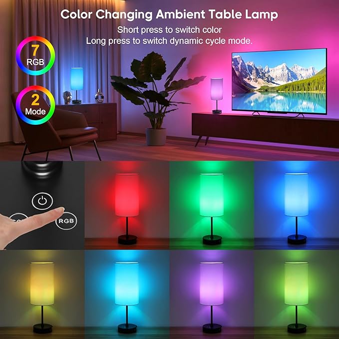 Unicozin Table Lamp, 3 CCT 3000K/4500K/6500K & RGB Color Changing, Stepless Dimmable, 17Inch Bedside Lamp for Reading, Ambience Nightstand Light for Home Decor Party, White Shade