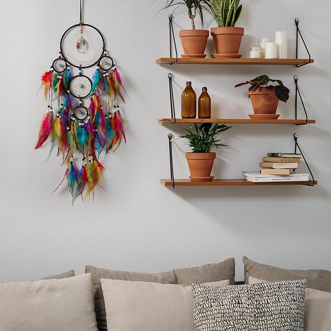 Pretty Jolly Colourful Feather Dream Catchers Wall Decor with Chakras Tree of Life Crystal Stone Ornament Handmade Dreamcatchers for Adult Boys Girls Bedroom Dorm Party Birthday Blessing Gift-5Rings