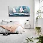 RUISHI Ocean Wall Art For Living Room Abstract Sailboat Canvas Nautical Painting Teal Blue Textured Print Coastal Themed Picture Artwork for Bedroom Bathroom Home Office Decoration 40L x 20W
