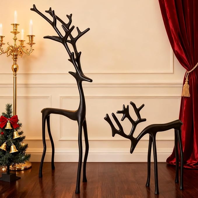 2026 New 2 Pcs Black Metal Reindeer, Black Metal Reindeer Christmas Decoration, European-Style Modern Aluminum Alloy Xmas Figurines, Indoor Holiday Statues for Mantel, Bedroom, Office Table (#A)