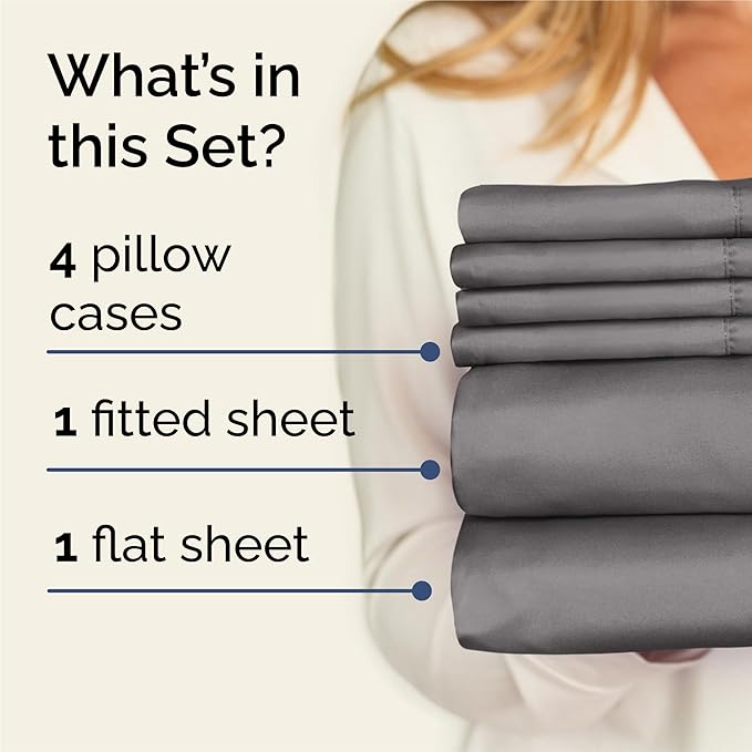 King Sheets Set 6 Piece - Includes 4 Pillowcases - Bed Sheets King Size - Soft Hotel Luxury Bedding - Cooling, Comfy, Cozy & Breathable - 1 Flat & 1 Fitted & 4 Pillowcases w/ Deep Pockets - Dark Grey
