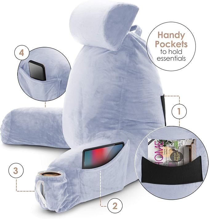 Nestl Reading Pillow Large Bed Pillow, Back Pillow for Sitting in Bed Shredded Memory Foam Chair Pillow, Reading & Bed Rest Pillows Ice Blue Back Pillow for Bed, Bed Chair Arm Pillow with Pockets