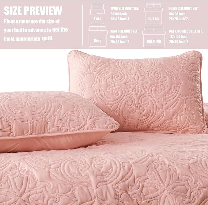 Exclusivo Mezcla Quilts Queen Size Bedding Set with 2 Pillow Shams, Lightweight Blush Pink Full Queen Quilt Bedspread with Vintage Damask Pattern, Soft Bedspreads Coverlets for All Seasons