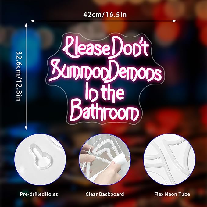 Neon Sign, Please Don't Summon Demons in the Bathroom Neon Signs for Wall Decor Neon Pink LED Signs Room Neon Light Up Signs Home Decor for Bedroom Club Party Bars Shop USB Operated