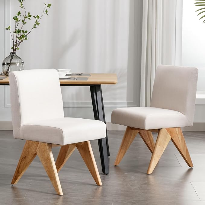 Mid Century Modern Farmhouse Dining Chairs Set of 2, Upholstered Armless Kitchen Chairs with Back and Wooden Legs, Linen Beige