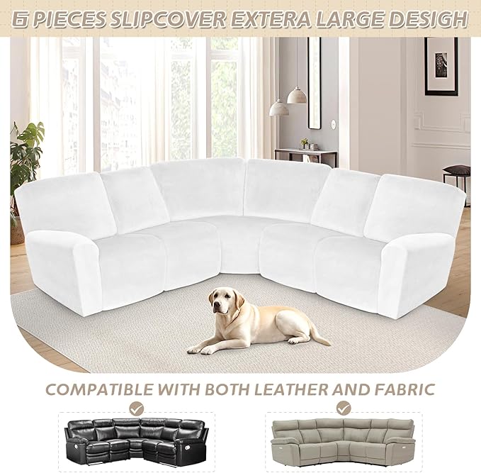 Arfntevss Sectional Recliner Couch Covers Velvet Corner Sectional Sofa Cover for Reclining Couch Stretch Soft L Shape Recliner Slipcover Thick U Shaped Washable Protector (5 Seat Cover, White)