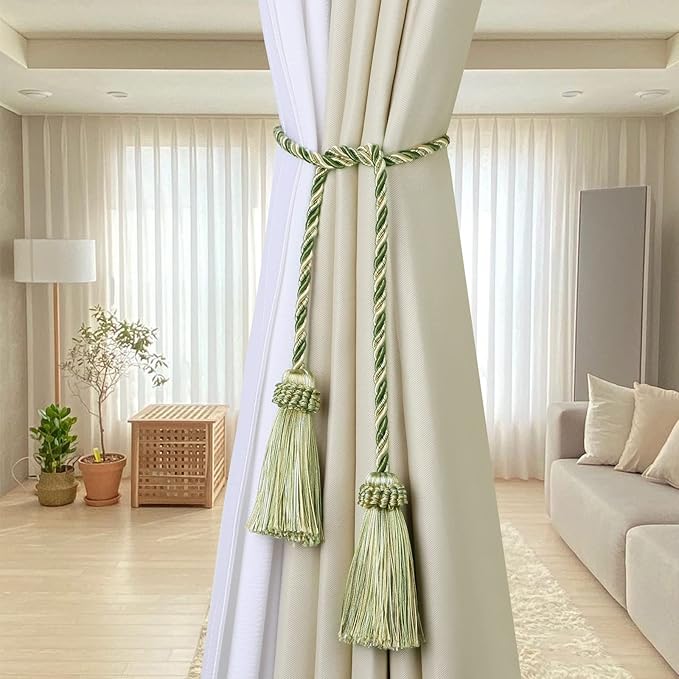 Fenghuangwu Curtain Tiebacks Handmade Decorative Curtain Holdbacks Rope with Tassel (Mix Green, 4P)