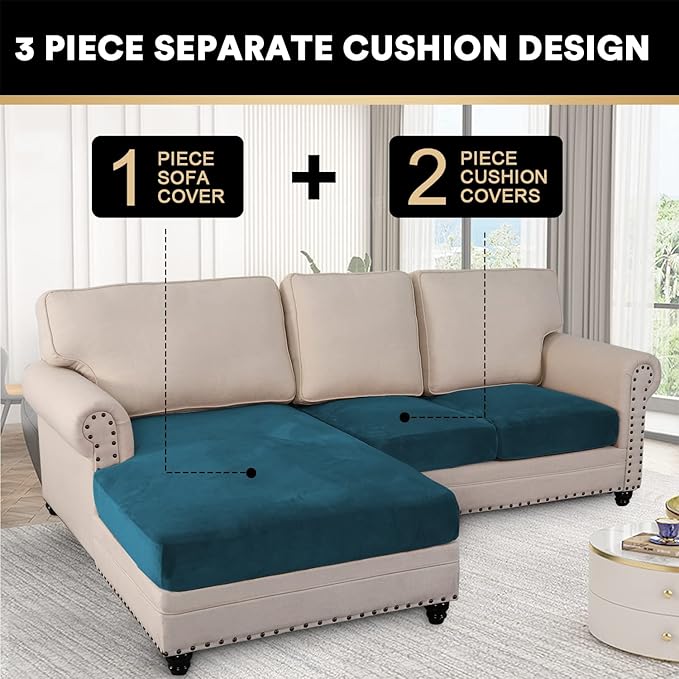 PrinceDeco Sectional Couch Covers 3 Pieces Velvet Sofa Covers L Shape Soft Couch Covers for Sectional Sofa Corner Sofa Cover Couch Cover for Dogs Washable (2 Seater + 1 Chaise,Deep Teal)