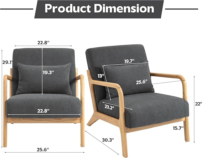 Modern Accent Chair, Cotton Linen Fabric Upholstered Lounge Armchair with Solid Wood Frame for Living Room, Bedroom, Reading Nook (Grey)