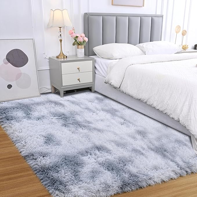 Fluffy Area Rug for Bedroom: Grey Plush Soft Bedside Dorm Area Rug - Small Carpets for Bedroom Kids Room Nursery (Tie-Dyed Light Gray, 3x5Feet)
