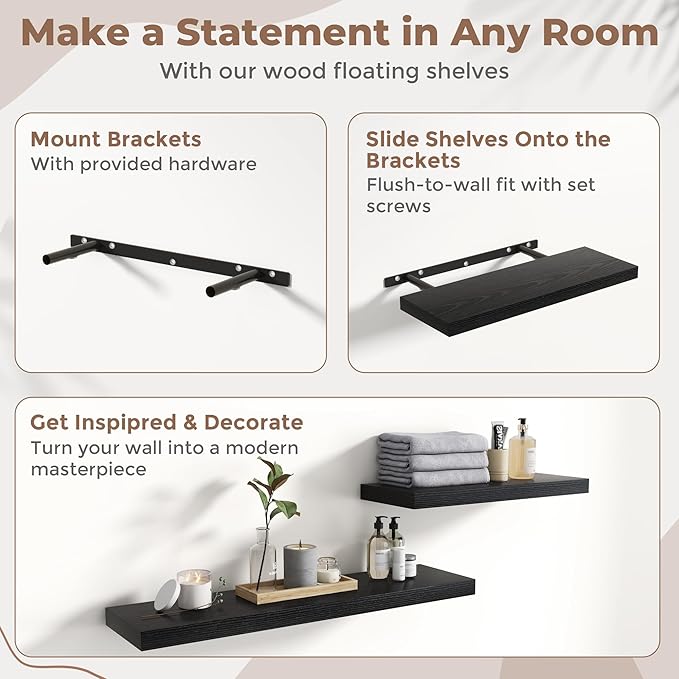 8 Inch Square Floating Shelves for Wall 3 Pack, 8"D Wood Grain Bathroom Shelves with Invisible Brackets, Easy Install Engineered Wood Storage Shelves for Kitchen, Living Room, Bedroom, Black Finish