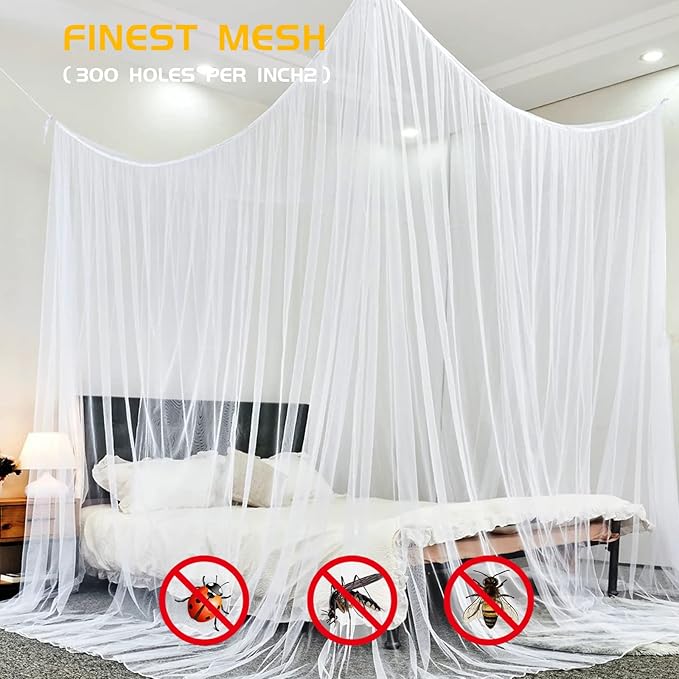 VISATOR Mosquito Net Bed Canopy, 4 Corner Post Canopy Bed Curtains with 4 Hanging Hooks, 30ft Tether and 4 Tassel Hanging Pendants for Full/Queen/King Size