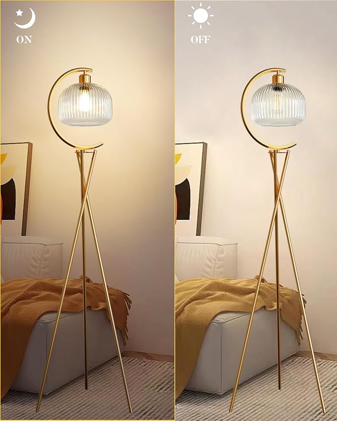 Lightdot Tripod Floor Lamp for Living Room, Gold Standing Lamp with Clear Glass Lampshade, Farmhouse Tall Lamp for Bedroom, Arced Reading Light for Home Office