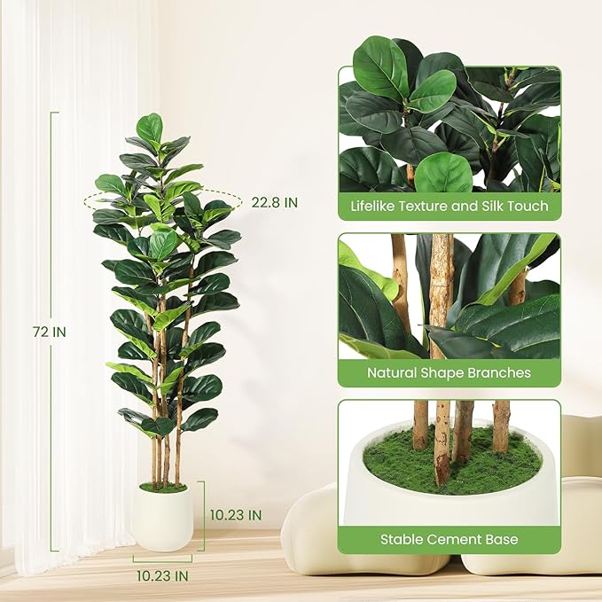 GarveeHome 6 ft Faux Fiddle Leaf Fig Tree with White Pot, Faux Trees with Artificial Plants 74 Fiddle Leaves Greenery - Lifelike Fake Tree for Home Office Store Room Decor Indoor Outdoor