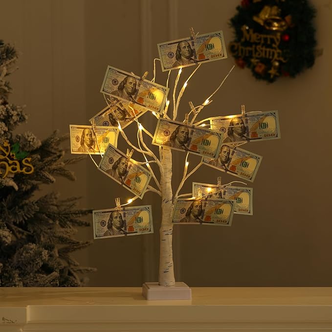 Money Tree Gift Card Holder 24 LED Birch Tree Lamp Battery/USB Powered Light Up White Trees Gift Card Holder with 22 Clear Clips for Photo Birthday Fall Thanksgiving Halloween Christmas