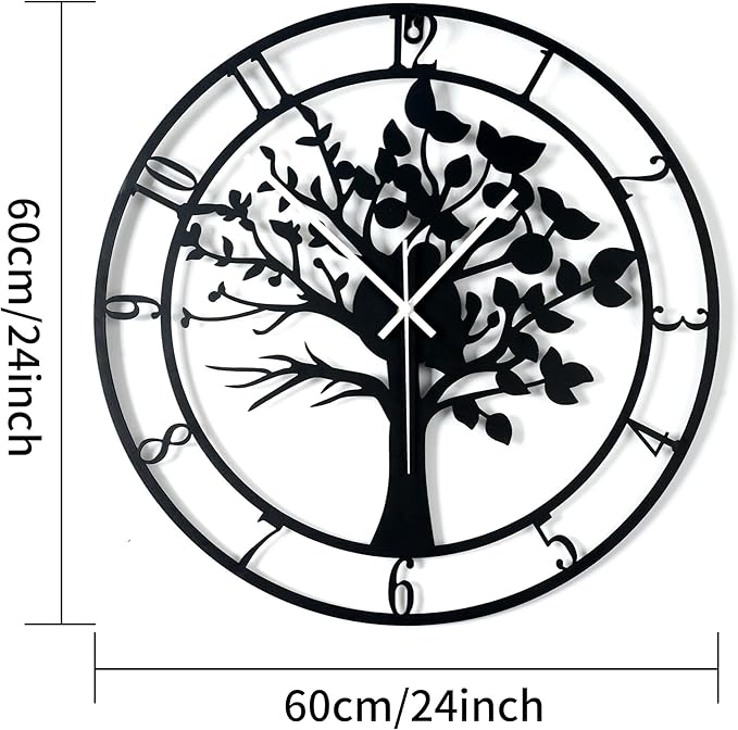 24inch/60cm Large Tree of Life Wall Clocks for Living Room Decor,Bedroom,Battery Operated Big Metal Decorative Analog Silent Non Ticking Wall Clock,Room Wall Decor (Tree of Life, 24 inches)