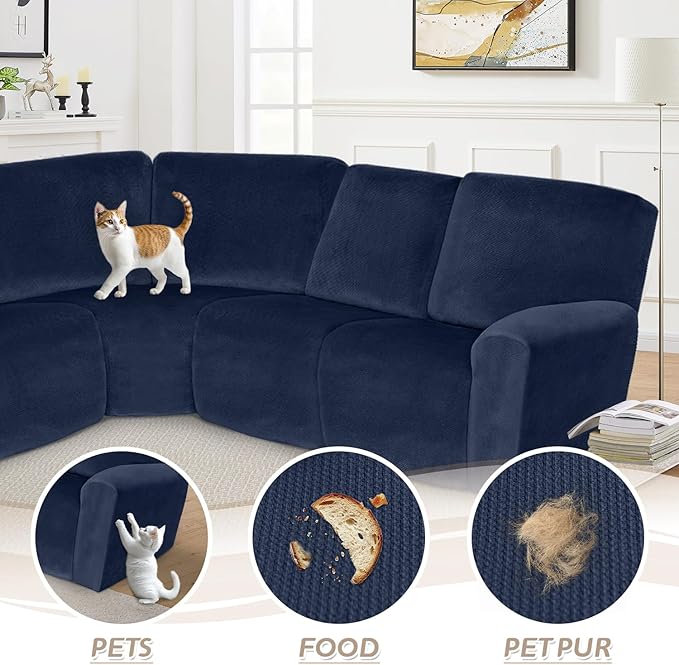 Arfntevss Sectional Recliner Couch Covers Velvet Corner Sectional Sofa Cover for Reclining Couch Stretch Soft L Shape Recliner Slipcover Thick U Shaped Washable Protector (5 Seat Cover, Navy Blue)
