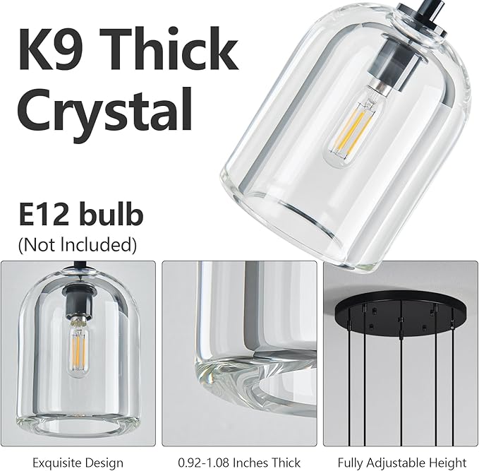 Modern Black Pendant Lights Kitchen Island Ceiling Chandelier Indoor Crystal Hanging Light Fixtures for Dining Room Kitchen Living Room Bedroom（5Light）