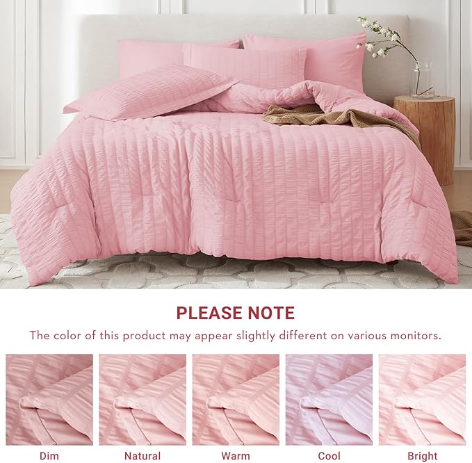 MUXHOMO 7 Pieces California King Comforter Set, Seersucker Bed in a Bag Cal King Size, All Season Luxury Bedding Set with Comforter, Flat Sheet, Fitted Sheet, Pillowcases & Shams, Pink