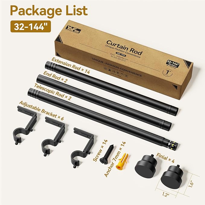 Curtain Rod 2 Pack 32-144 Inch, Heavy Duty 1 Inch Curtain Rod, Black Extra Long Adjustable Window Treatment Rods, Modern Design, Easy Installation