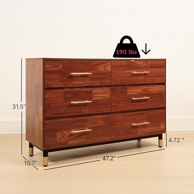 Walnut Dresser for Bedroom, 6 Drawer Brown Wood Dresser with Modern Storage Organizer, Wide Chest of Drawers for Closet, Clothes, Living Room