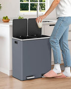 Arlopu 16 GallonStainless Steel Trash Can, 60L Dual Compartment, Metal Kitchen Step Recycle Bin, Metal Double Dustbin, in-Home Garbage Rubbish Can W/Removable Liner Buckets (Grey)