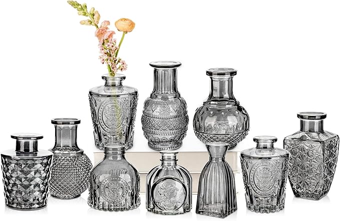 Glass Bud Vases Set of 10, Small Flower Vase in Bulk for Centerpieces, Mini Vintage Grey Vases for Rustic Wedding Vintage Home Table Decor