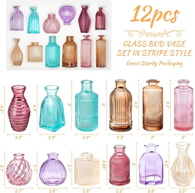 12PCS Mixed Colored Bud Vases Small Glass Vases for Flowers Colorful Vintage Flower Vase for Centerpieces Aesthetic Glass Bottles Bulk Wedding Baby Shower Home Decorations Gifts
