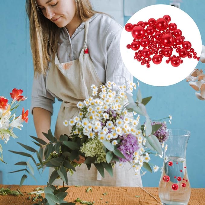 200 PCS Red Vase Fillers, Pearls Bead for Centerpieces Vases, 10/14/20 MM No Hole Beads, Fake Pearls for Wedding Birthday Anniversary Theme Party Table Centerpieces Decor