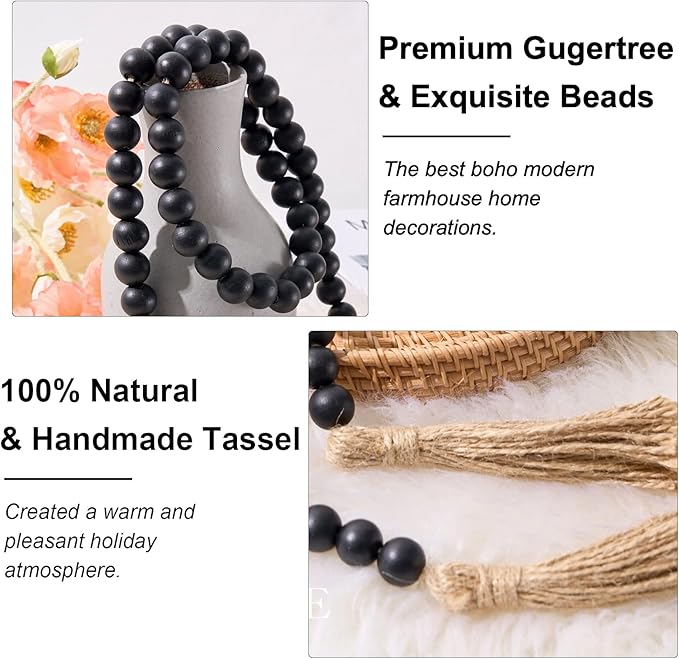 OMISHE 59in Wood Bead Garland with Tassels, Decorative Beads, Farmhouse Wooden Beads Garland for Wall Hanging Home Festival Decor, Black