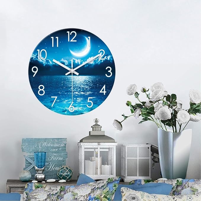 XFM Blue Moon Clock Kitchen Decorative Wall Clock Battery Operated 14 Inch Silent Wall Clock Non Ticking Glass Analog Clock