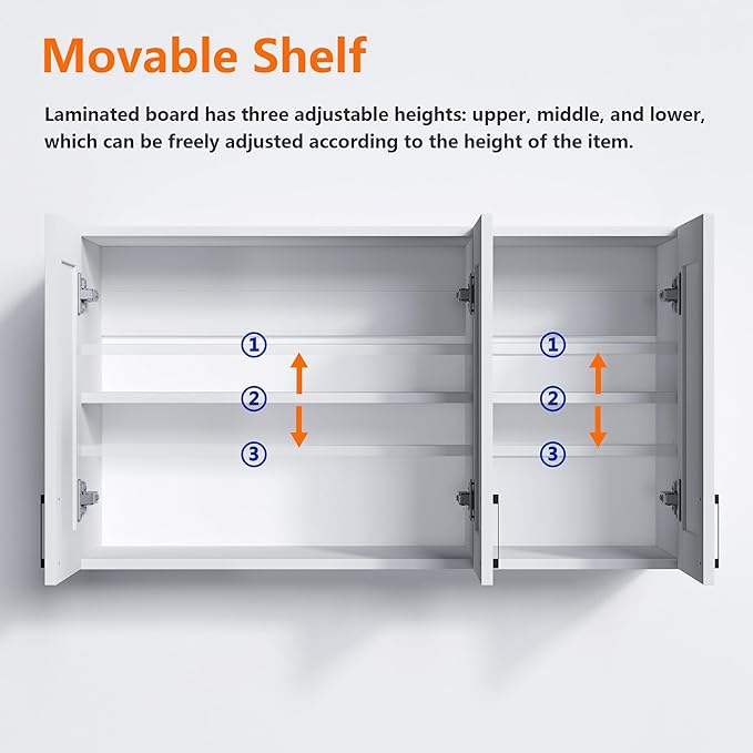 White Laundry Room Cabinets and Storage with 3 Doors and Utility Adjustable Shelf，Gabinetes Para Cocina Cupboard Kitchen Organizers and Storage Pantry Wall Mounted 12.4"D x 35.4"W x 19.7"H