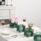 Square Glass Vases Set of 4, 4"x 4"x 4" Flower Vases for Centerpieces, Green Glass Vase for Flowers, Small Vase for Wedding, Party, Home Office Decoration