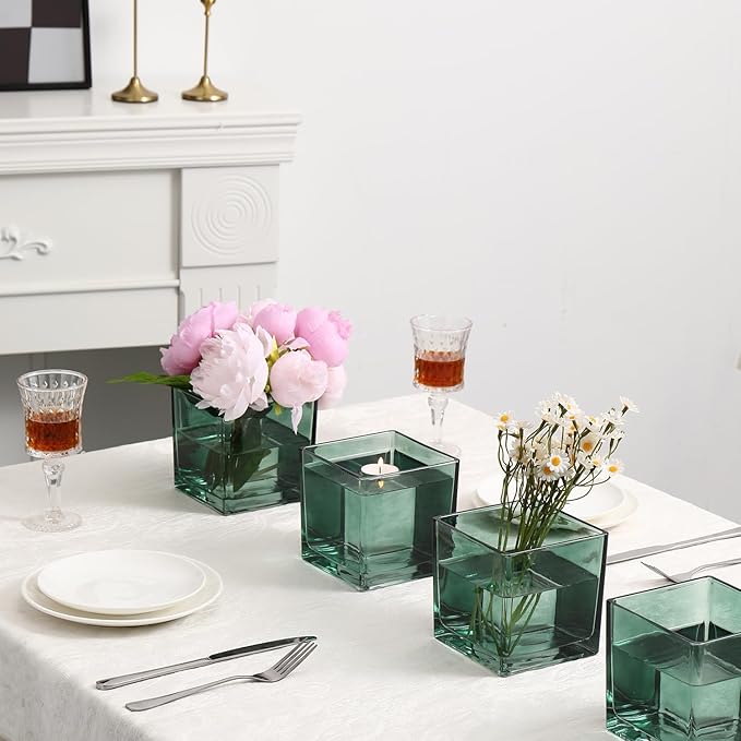Square Glass Vases Set of 9, 4"x 4"x 4" Flower Vases for Centerpieces, Green Glass Vase for Flowers, Small Vase for Wedding, Party, Home Office Decoration