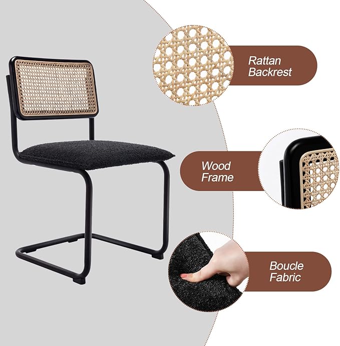 Mid Century Modern Rattan Dining Chairs Set of 4, Boucle Kitchen Chairs with Handwoven Mesh Rattan Backrest and Metal Legs, Upholstered Accent Side Chairs, Black