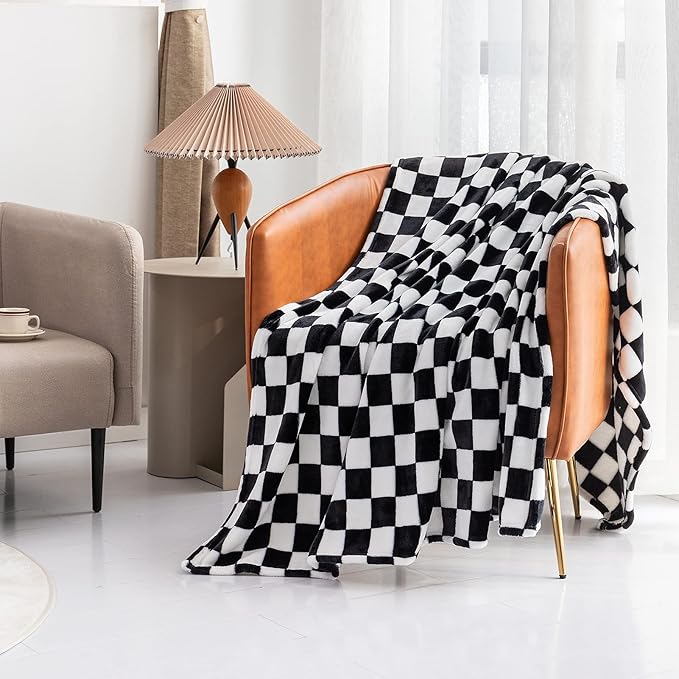 LOMAO Throw Blankets Flannel Blanket with Checkerboard Grid Pattern Soft Throw Blanket for Couch, Bed, Sofa Luxurious Warm and Cozy for All Seasons (Black, 50"x60")