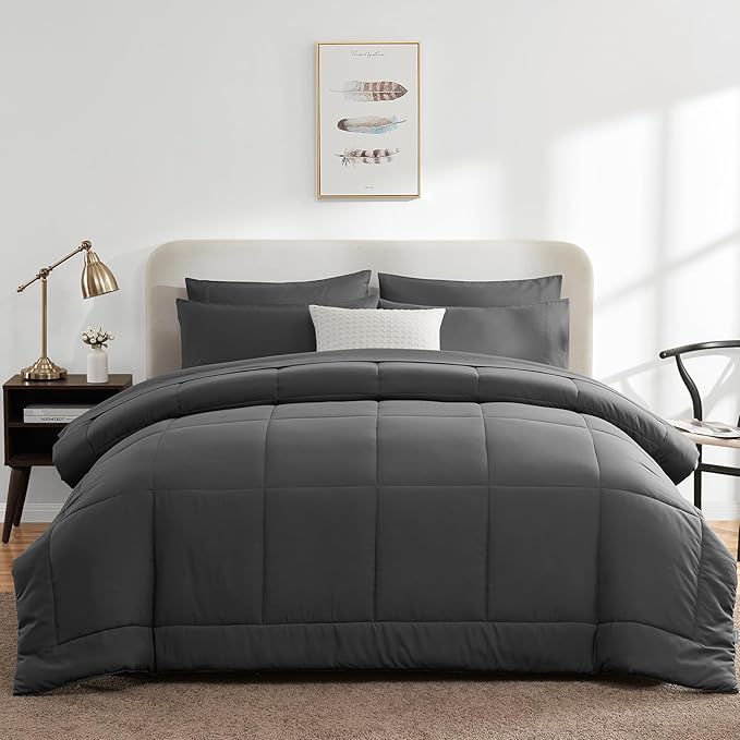 CozyLux Oversized Queen Comforter Sets Dark Grey, 7 Pieces Bed in a Bag, Ultra-Soft All Season Bedding Sets with Stitch Quilted Comforter, Flat Sheet, Fitted Sheet, Pillowcases, Dark Gray