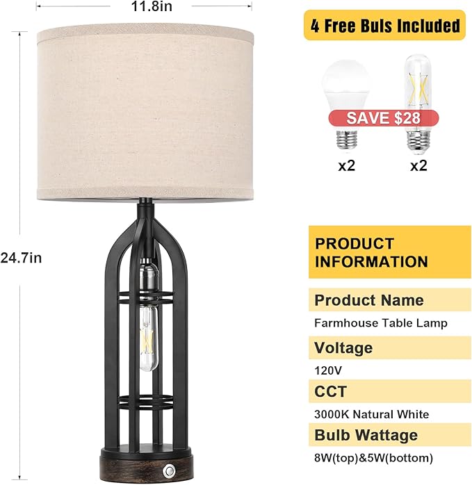 Seealle Table Lamps for Living Room Set of 2 - Black Bedside Lamp for Bedroom with USB C+A & Outlet, Farmhouse Lamps for Night Stands, 3-Way Dimmable Touch Lamps for Living Room with Oat Shade