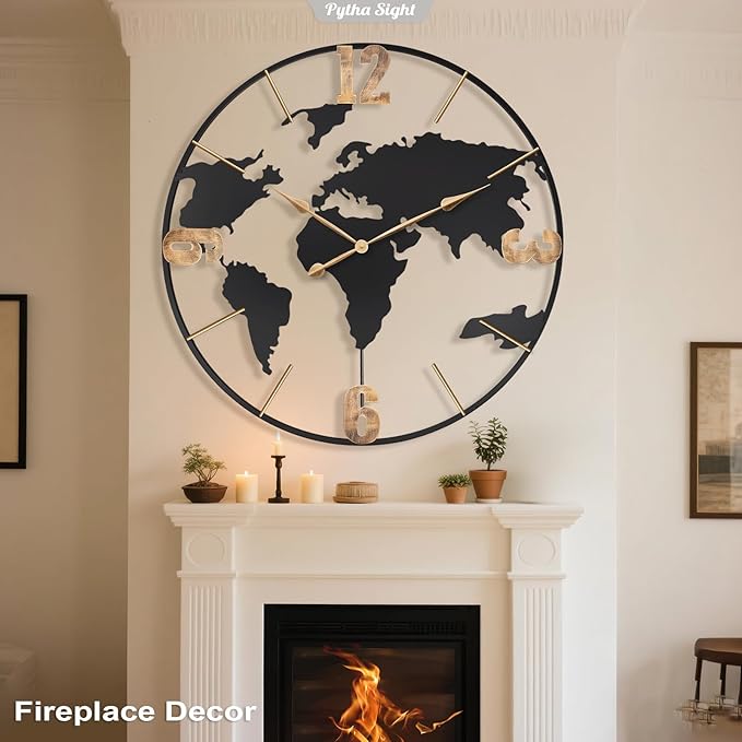 36 Inch Oversized Giant Extra Large Modern Decorative Metal World Map Wall Clock,Big Vintage Gold Arabic Numeral Wall Clocks for Living Room,Entryway,Office,Fireplace,Dining Room
