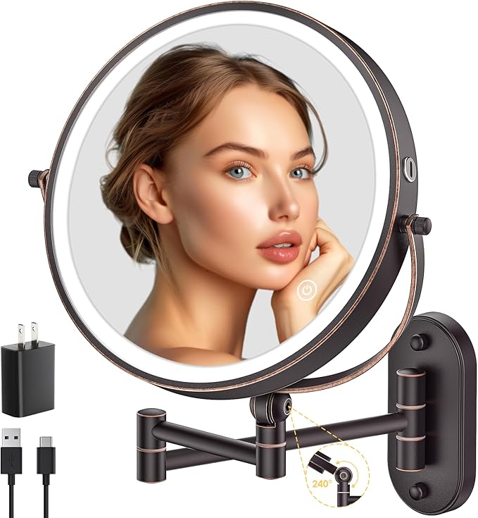 9" Wall Mounted Lighted Makeup Mirror,4000mAh Rechargeable Double Sided 1X/10X Magnifying Mirror with Light,3 Color Lights,Touch Dimmable,Extended Arm 360 Rotation Wall Mounted Makeup Mirror (Bronze)