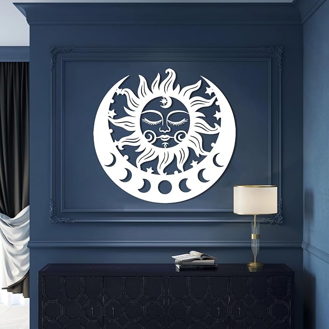 Sun and Moon Metal Wall Decor, Moon Phase Metal Wall Decor, Boho Celestial Wall Art, Celestial Sun Moon Wall Art, Large Sun Face Wall Hanging for Living Room, Outdoor (White, 38"x35"/96x90cm)