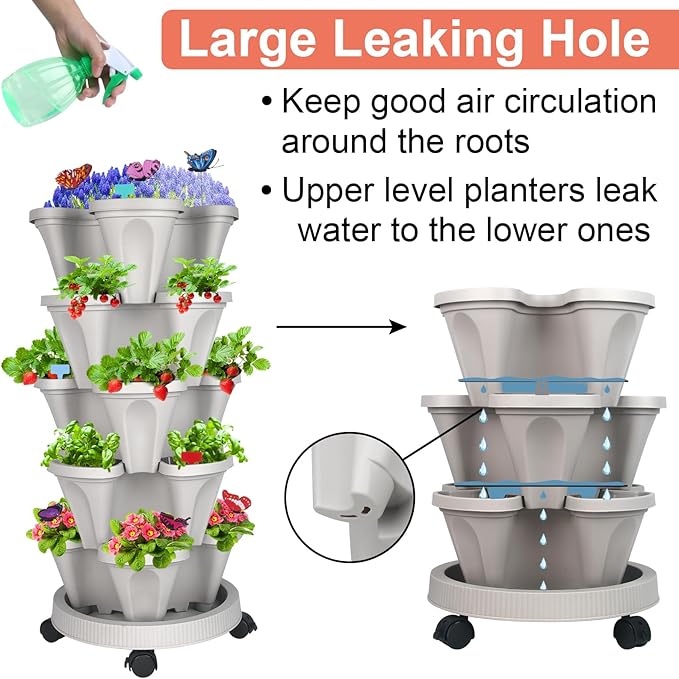 Vertical Planter, 5 Tier Stackable Strawberry Planter with Garden Tool Set, Movable Indoor/Outdoor Garden Herb Pot for Growing Vegetables and Succulents, Gray