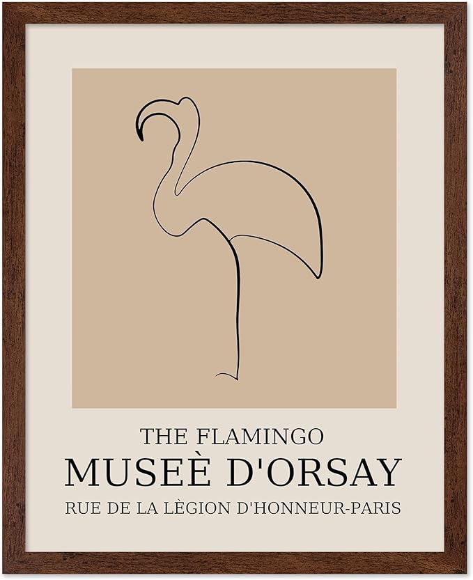 Poster Master Vintage Poster - Retro Minimalist Print - Gift for Artist, Housewarming - Flamingo, Line Drawing, Sketch, Abstract - Wall Decor for Living Room, Bedroom, 8x10 Brown Framed