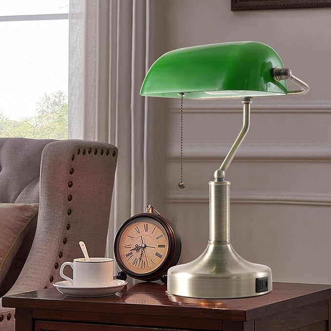 Banker Desk Lamp Green Glass, Antique Desk Lamps with Brass Base, Traditional Library Table Lamp with USB A and Type C Charging Port for Office, Study Room, Pull Chain Switch