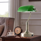 Banker Desk Lamp Green Glass, Antique Desk Lamps with Brass Base, Traditional Library Table Lamp with USB A and Type C Charging Port for Office, Study Room, Pull Chain Switch